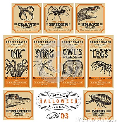 Funny vintage Halloween apothecary labels - set 03 (vector) Vector Illustration