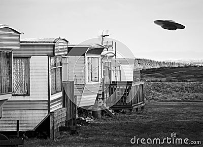 Space Alien UFO, Trailer Park Stock Photo