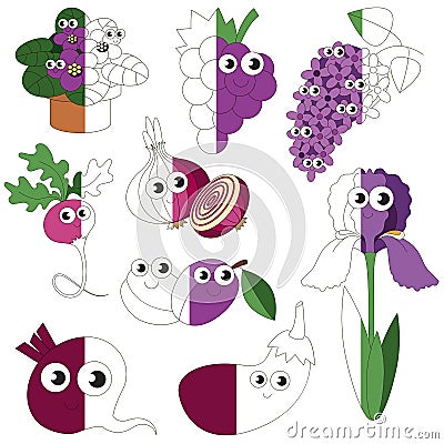 Funny Violet Color Oblects, the big kid game to be colored by example half. Vector Illustration