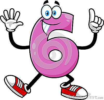 Funny Violet Number Six 6 Cartoon Character Showing Hands Number Six Vector Illustration