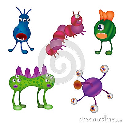 Funny viruses set. Monsters, germs, aliens on white background. Vector Illustration