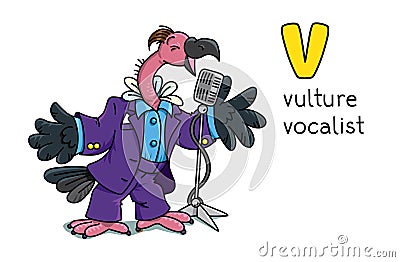 Funny vulture singer or vocalist. ABC. Alphabet V Cartoon Illustration