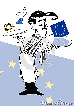 Funny Waiter of Europa Cartoon Stock Photo