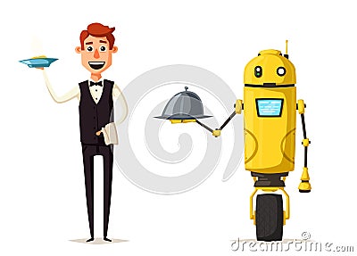 Funny waiter, cute character. Robot and person. Vector cartoon illustration Vector Illustration