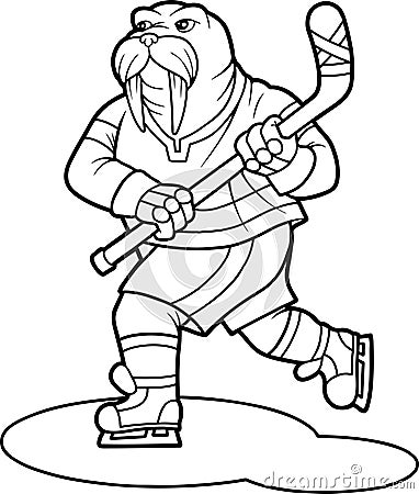 Funny walrus plays hockey Vector Illustration