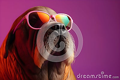 Funny walrus wearing sunglasses in studio with a colorful and bright background. Generative AI Stock Photo