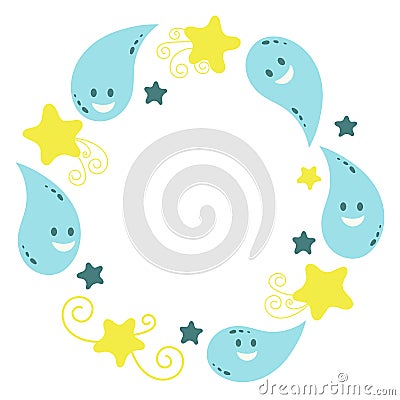 Funny water droplets. Frame for congratulations, greetings. Vector Cartoon Illustration