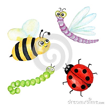 Funny watercolor, bright cartoon insects collection. Wasp, bee, bumblebee, worm, caterpillar, ladybug, dragonfly. Stock Photo