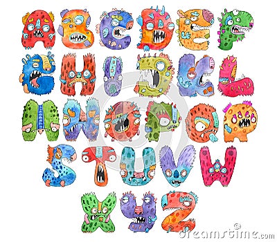 Funny watercolor cartoon English alphabet with monsters Stock Photo