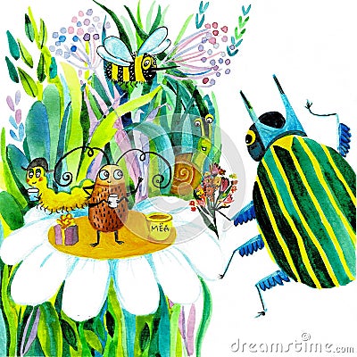 Funny , watercolor , cartoon insects collection. Wasp, bee, bumblebee, butterfly, worm, caterpillar, beetle Stock Photo