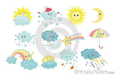 Funny weather icons set isolated on white background. Vector illustration of sun, rain, storm, snow, wind, moon, star, rainbow Vector Illustration