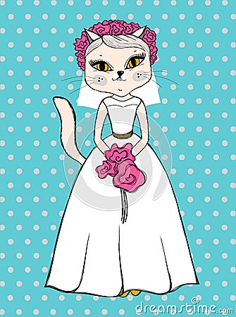 Funny wedding greeting card, invitation with cat bride. Vector illustration Vector Illustration