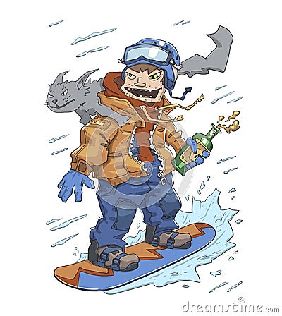 Funny guy with a bottle of booze and a cat on his shoulder riding on a snowboard. Monster of snowboarding, crazy rider Vector Illustration