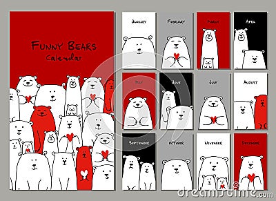 Funny white bears family. Design calendar 2018 Vector Illustration