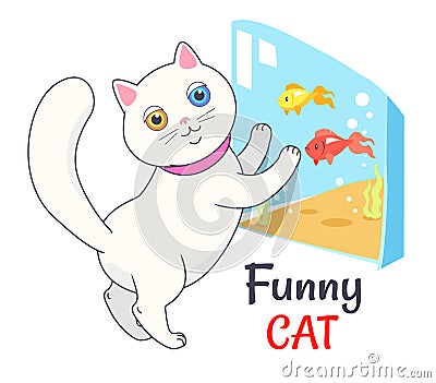 Funny White Cat Looking Aquarium with Fish Vector Vector Illustration