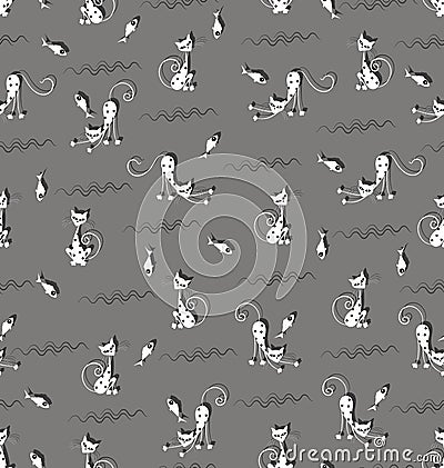 Funny white cats, fish and waves. Vector Illustration