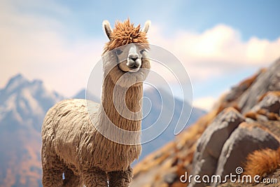 Funny white smiling alpaca, South American camelid Stock Photo