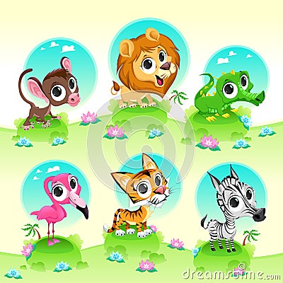 Funny wild animals with background Vector Illustration