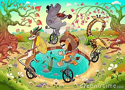 Funny wild animals on unicycles are playing in the wood Vector Illustration