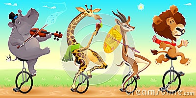 Funny wild animals on unicycles Vector Illustration