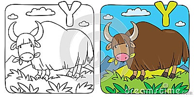 Funny wild yak coloring book. Alphabet Y Vector Illustration