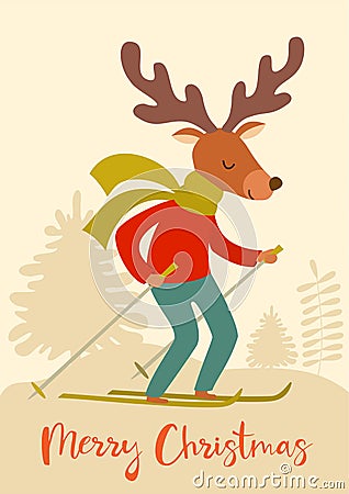 Funny winter card with cartoon deer skier. Vector illustration with text. Christmas poster. Vector Illustration
