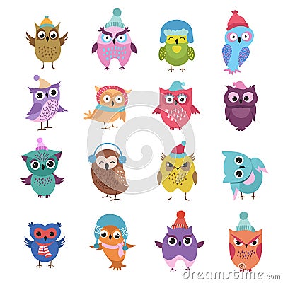 Funny winter owls birds cartoon vector characters Vector Illustration
