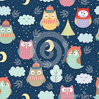 Funny winter owls at night seamless pattern Vector Illustration