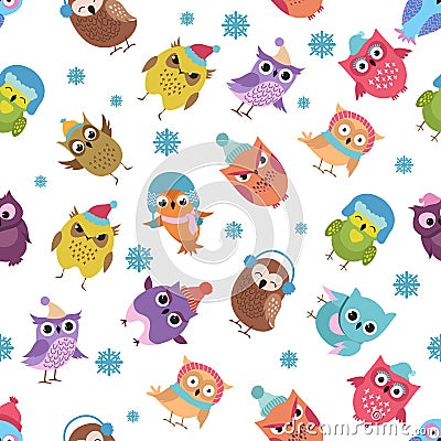 Funny winter owls vector seamless pattern. Christmas holiday background Vector Illustration