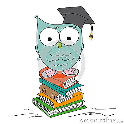 Funny wise owl standing on the pile of books, graduation cap on the head Vector Illustration