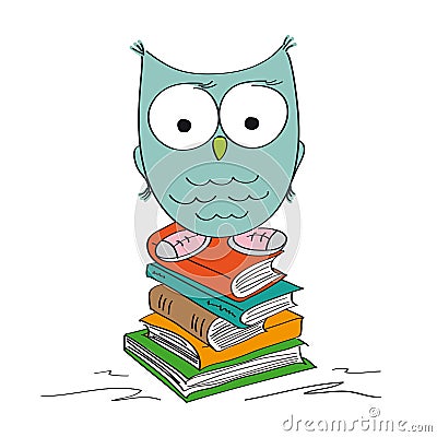 Funny wise owl standing on the pile of books wearing shoes Vector Illustration