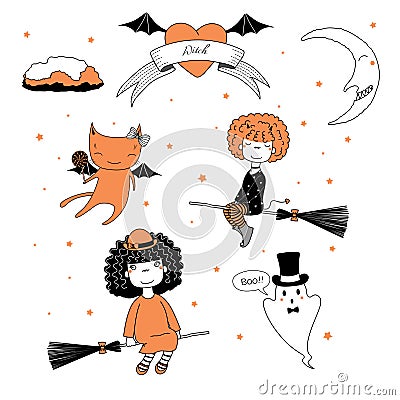 Funny witches, ghost and cat illustration Vector Illustration