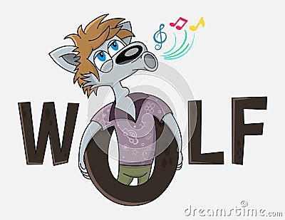 Funny wolf cartoon character sings. Karaoke club vector logo design. Advertising for karaoke, party, disco bar, club, live music Vector Illustration