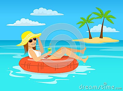 Funny woman with cocktail relaxing floating on inflatable inner ring in tropical ocean water Vector Illustration