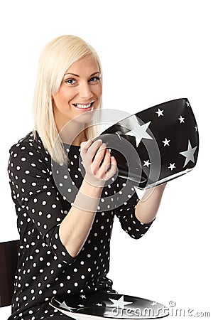 Funny woman with large coffee cup Stock Photo