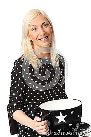 Funny woman with large coffee cup Stock Photo