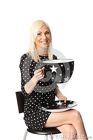 Funny woman with large coffee cup Stock Photo