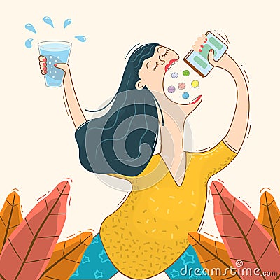 The funny woman takes pills and vitamins Vector Illustration