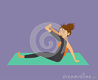 Funny woman trying to stretch leg doing yoga exercise. Vector Illustration