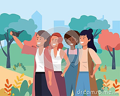 Funny women friends with smartphone technology Vector Illustration