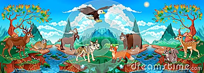 Funny wood animals in a mountain landscape with river Vector Illustration