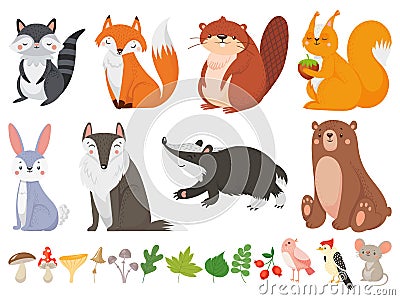 Funny wood animals. Wild forest animal, happy woodland fox and cute squirrel vector cartoon illustration set Vector Illustration
