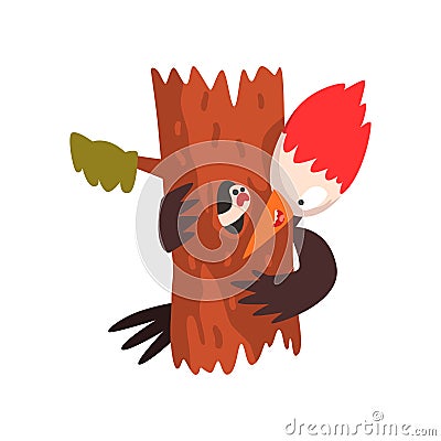 Funny woodpecker sitting on a tree and looking at a worm, cute bird cartoon character vector Illustration on a white Vector Illustration
