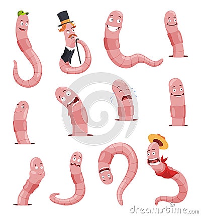 Funny worms collection. Soil crawlers with various emotion expressions. Set happy, amazement, pensive, upset applegrubs Vector Illustration