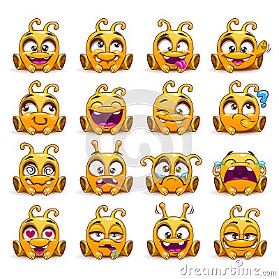 Funny yellow alien character emoticons set Vector Illustration
