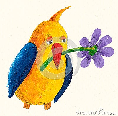 Funny yellow-blue bird with flover Cartoon Illustration