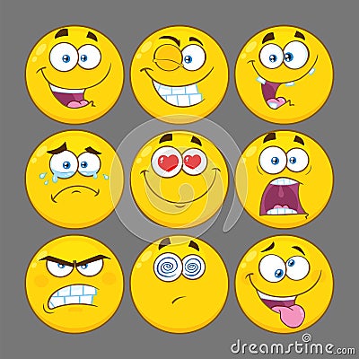 Funny Yellow Cartoon Emoji Face Series Character Set 1. Collection Vector Illustration