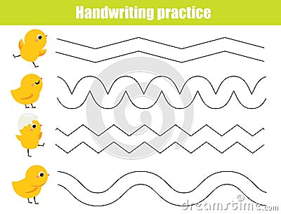 Funny yellow chickens. Handwriting practice sheet. Educational children game. Tracing lines for kids and toddlers Vector Illustration