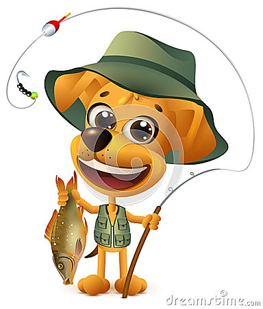Funny yellow dog fisherman holds large fish. Successful fishing big catch Vector Illustration