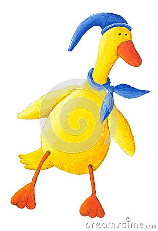 Funny yellow duck with hat and scarf Cartoon Illustration